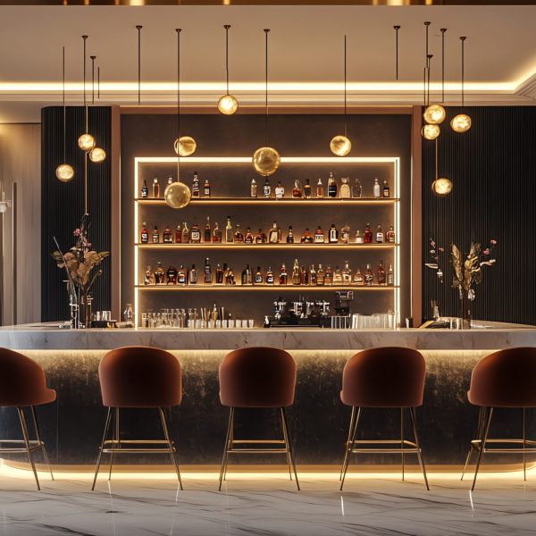Modern bar interior with a marble countertop and sleek gold bar stools.